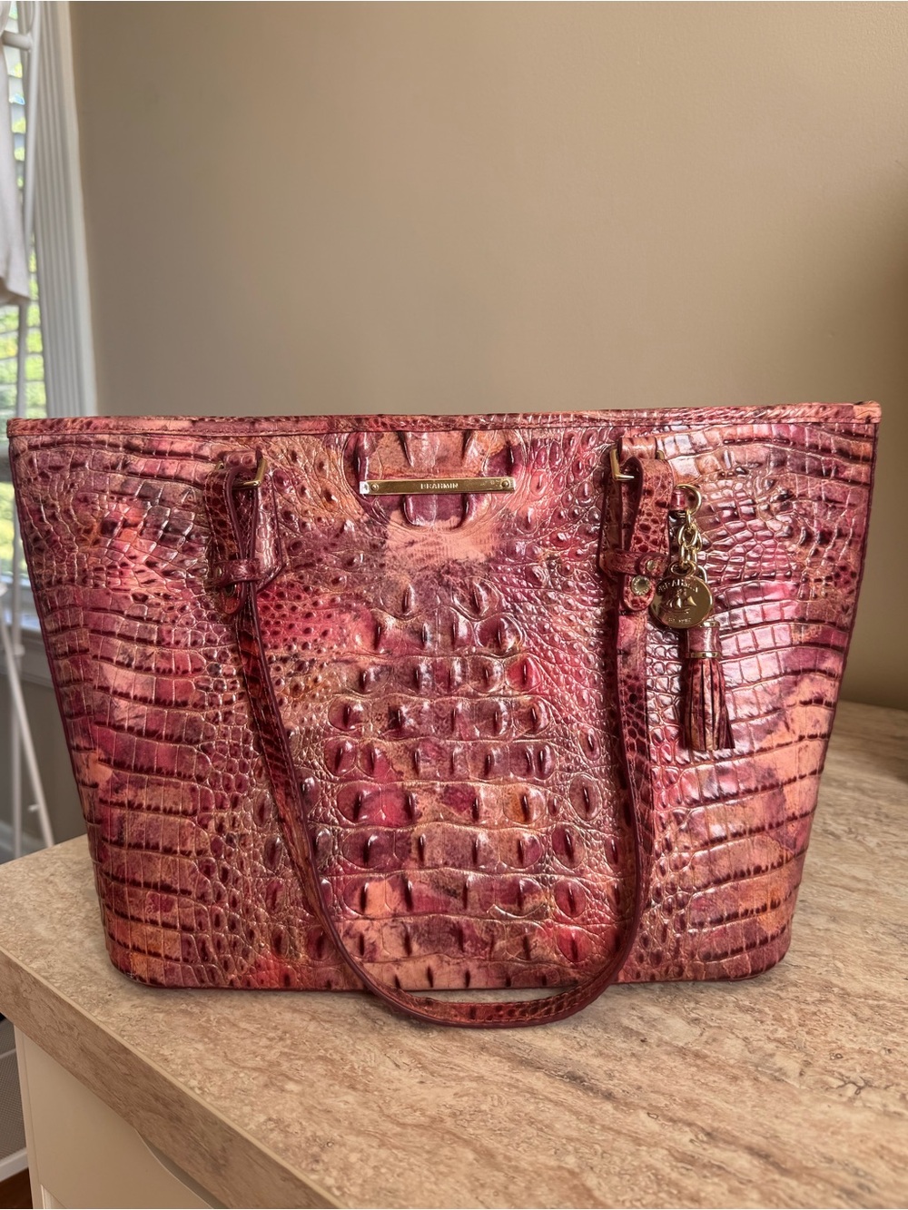 Brahmin Pink Croc-Embossed Leather Shoulder Tote